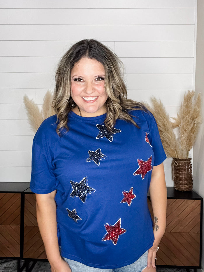 "Is Born" Sequin & Rhinestone Stars Short Sleeve