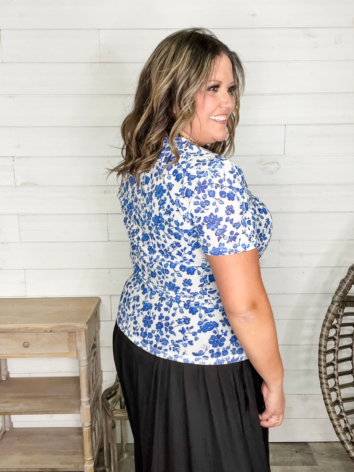 Shirley and Stone "Blue Floral" Short Sleeve Mesh Top