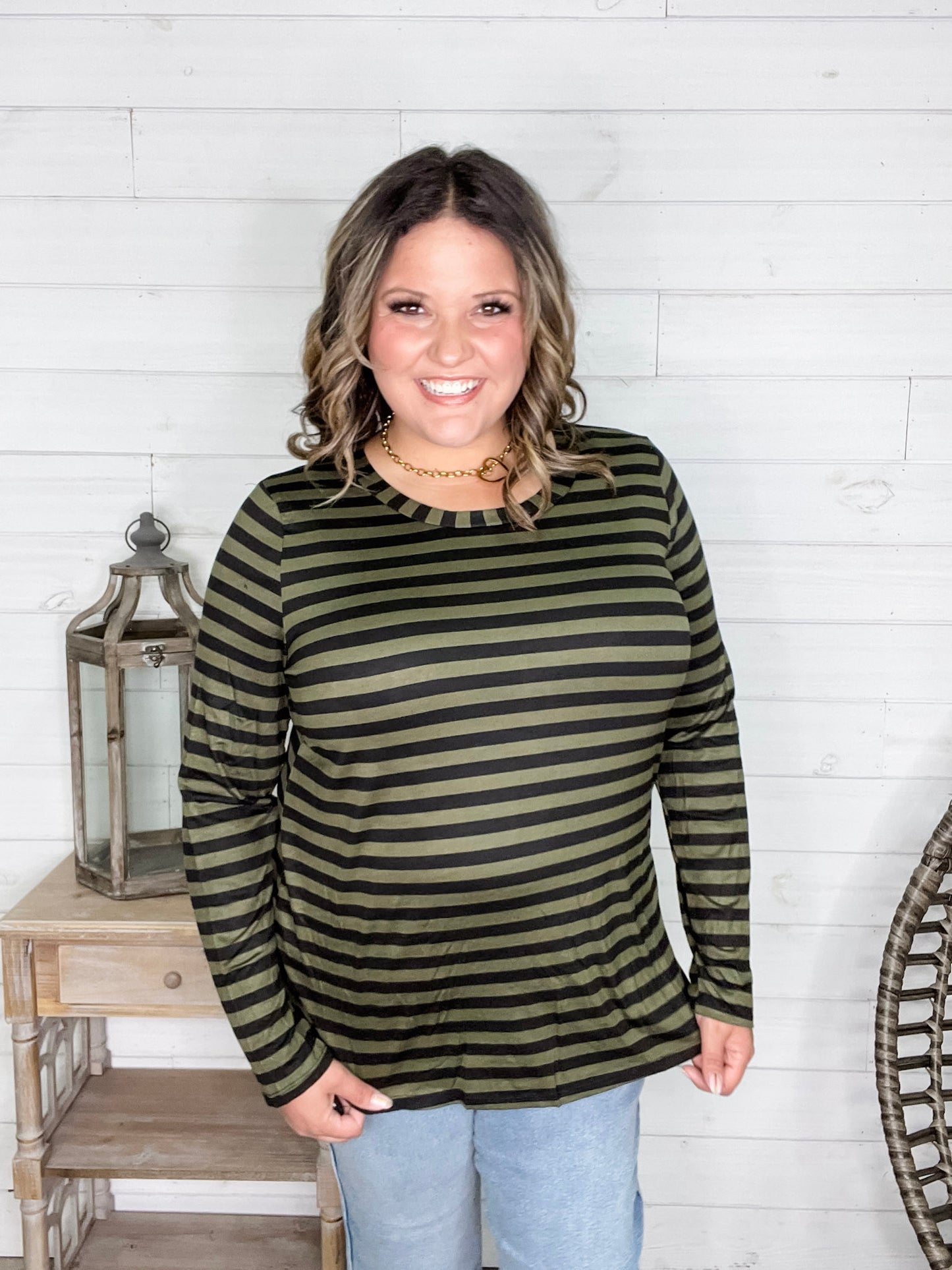 "Got Me" Long Sleeve Striped Top (Green Black)