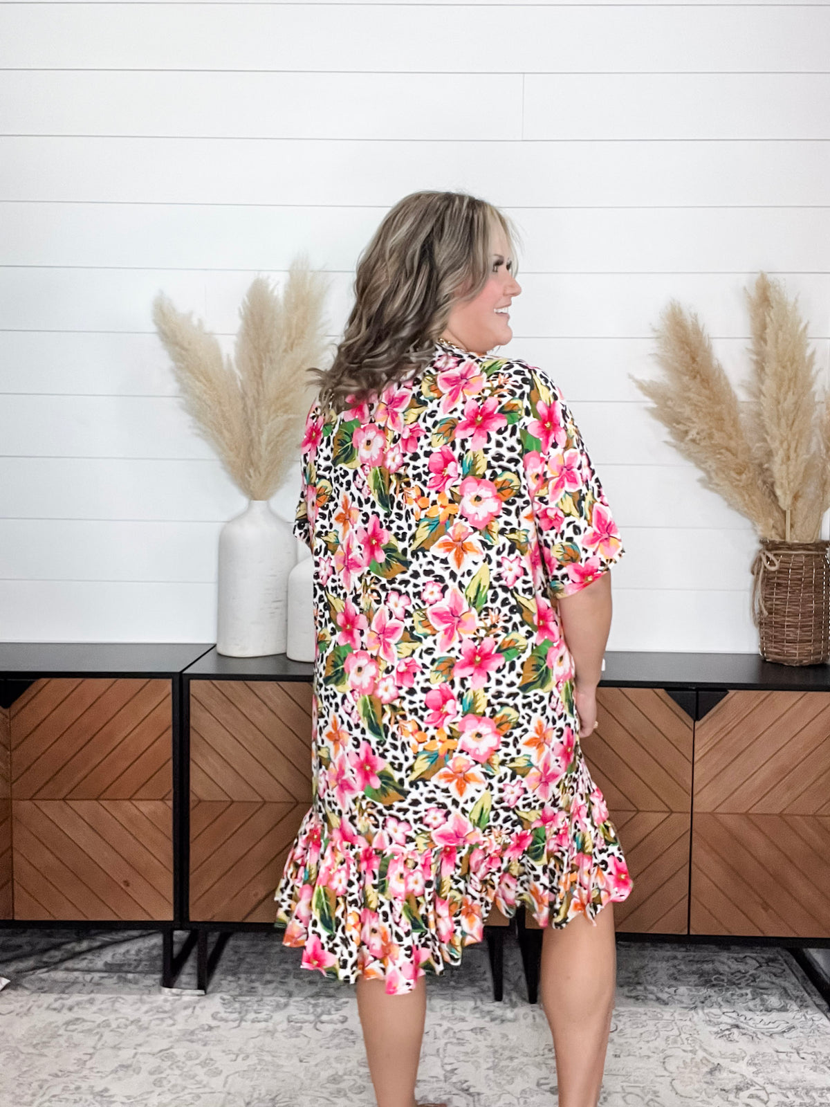 Animal Print & Floral Short Sleeve Kimono with Ruffle Bottom