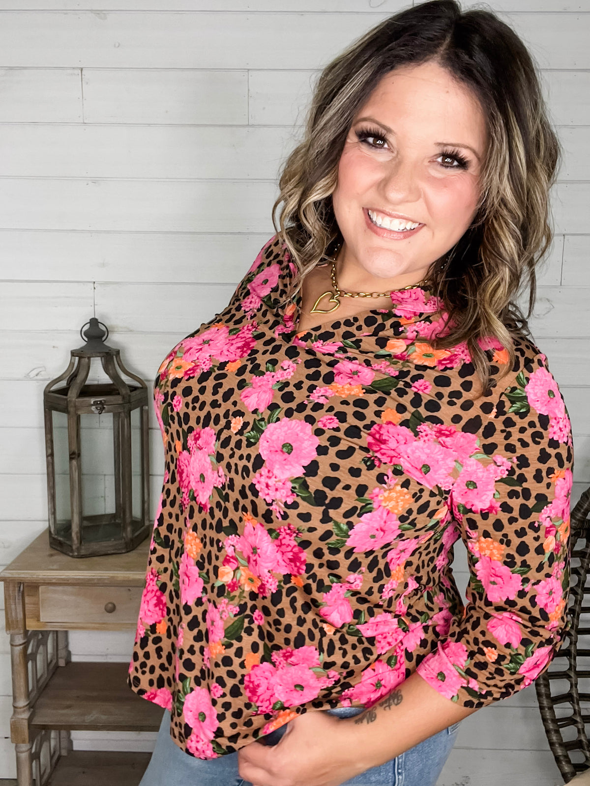 Dear Scarlett "Dimensions" Floral and Animal  3/4 Sleeve Split Neck