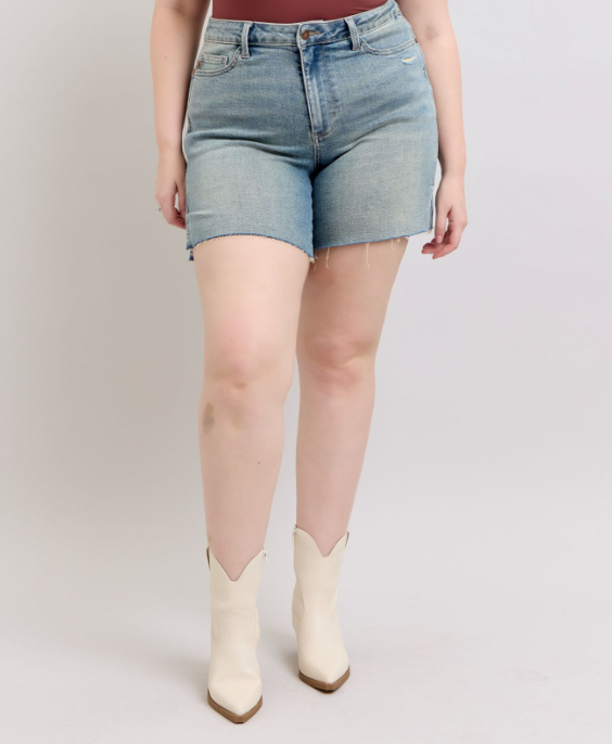 Judy Blue "All The Ways" Mid Thigh Side Slit Raw Hem Shorts