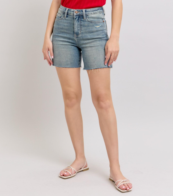 Judy Blue "All The Ways" Mid Thigh Side Slit Raw Hem Shorts