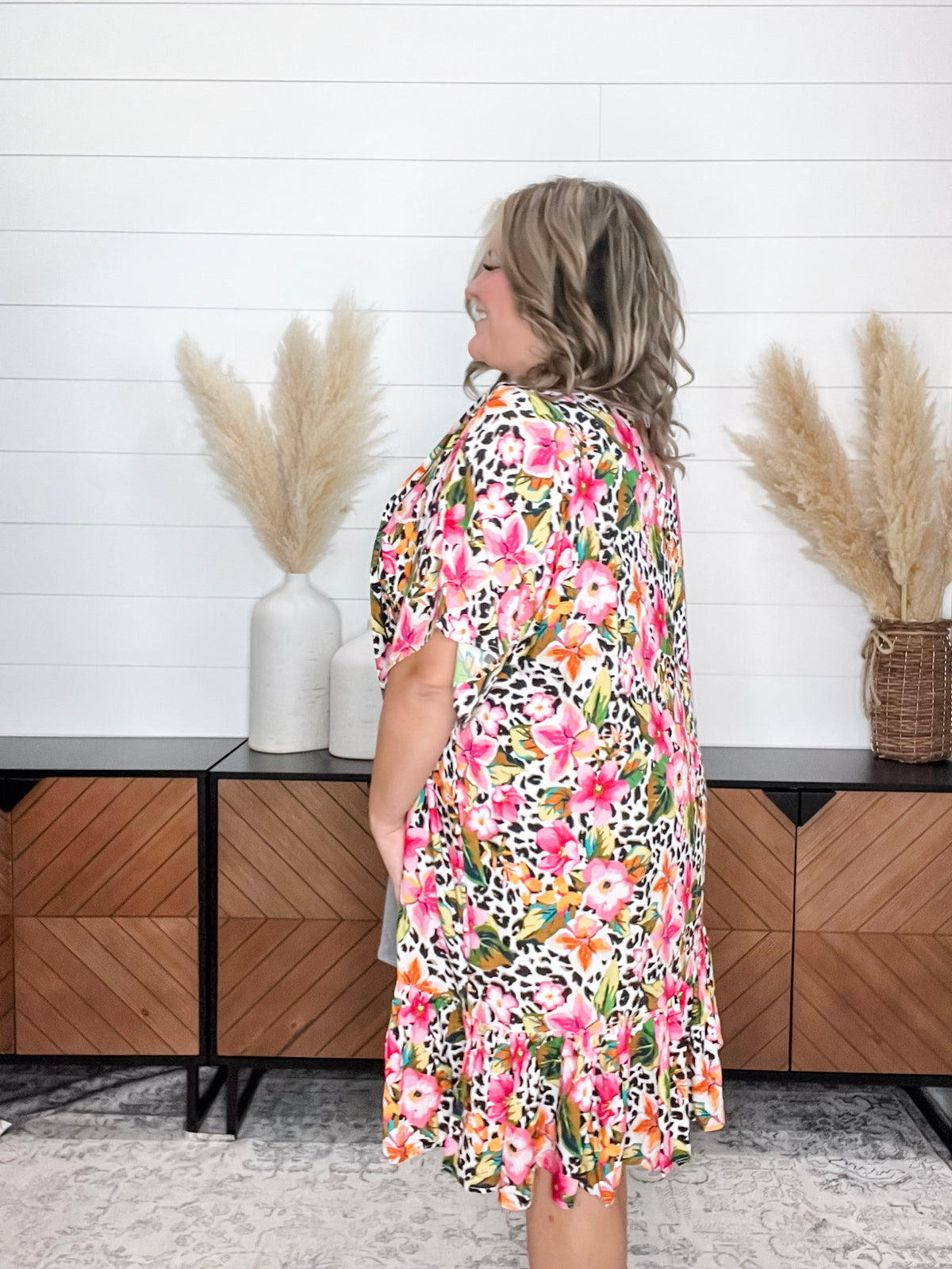 Animal Print & Floral Short Sleeve Kimono with Ruffle Bottom