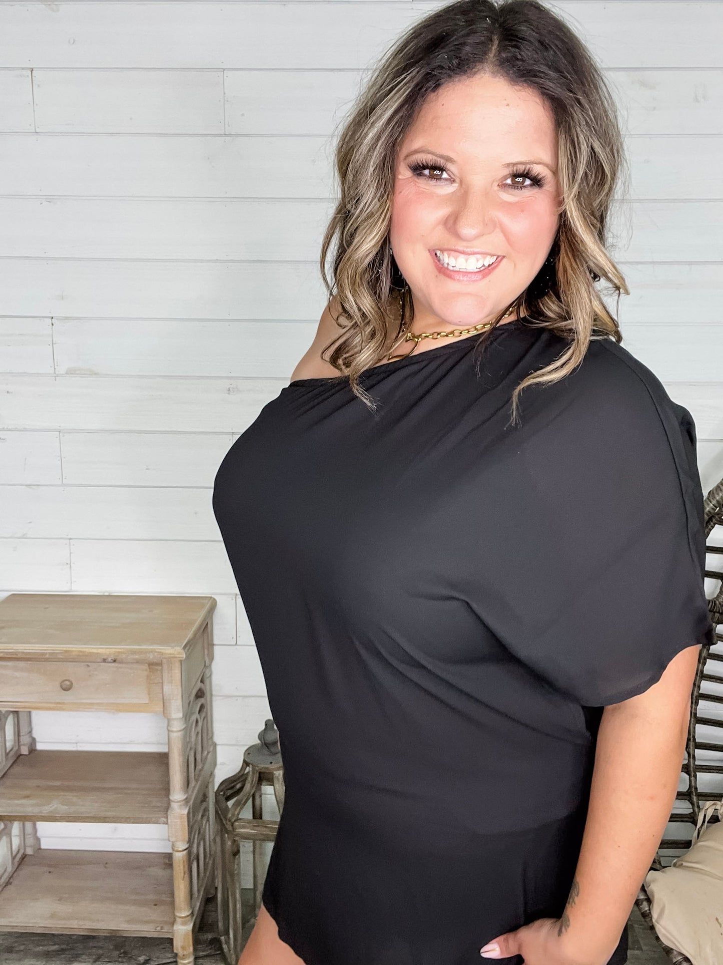 "Runway" One Shoulder Dress with Pockets (Black)