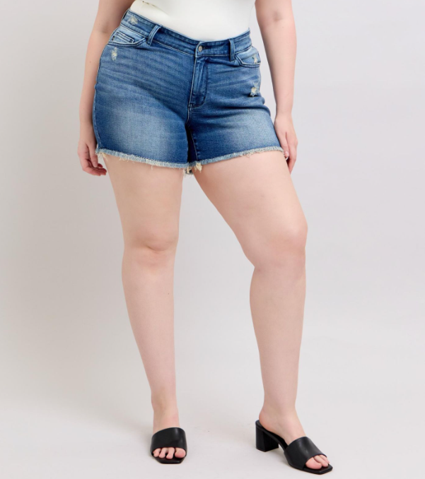 Judy Blue "Like It Love It" V Front Frayed Hem Shorts