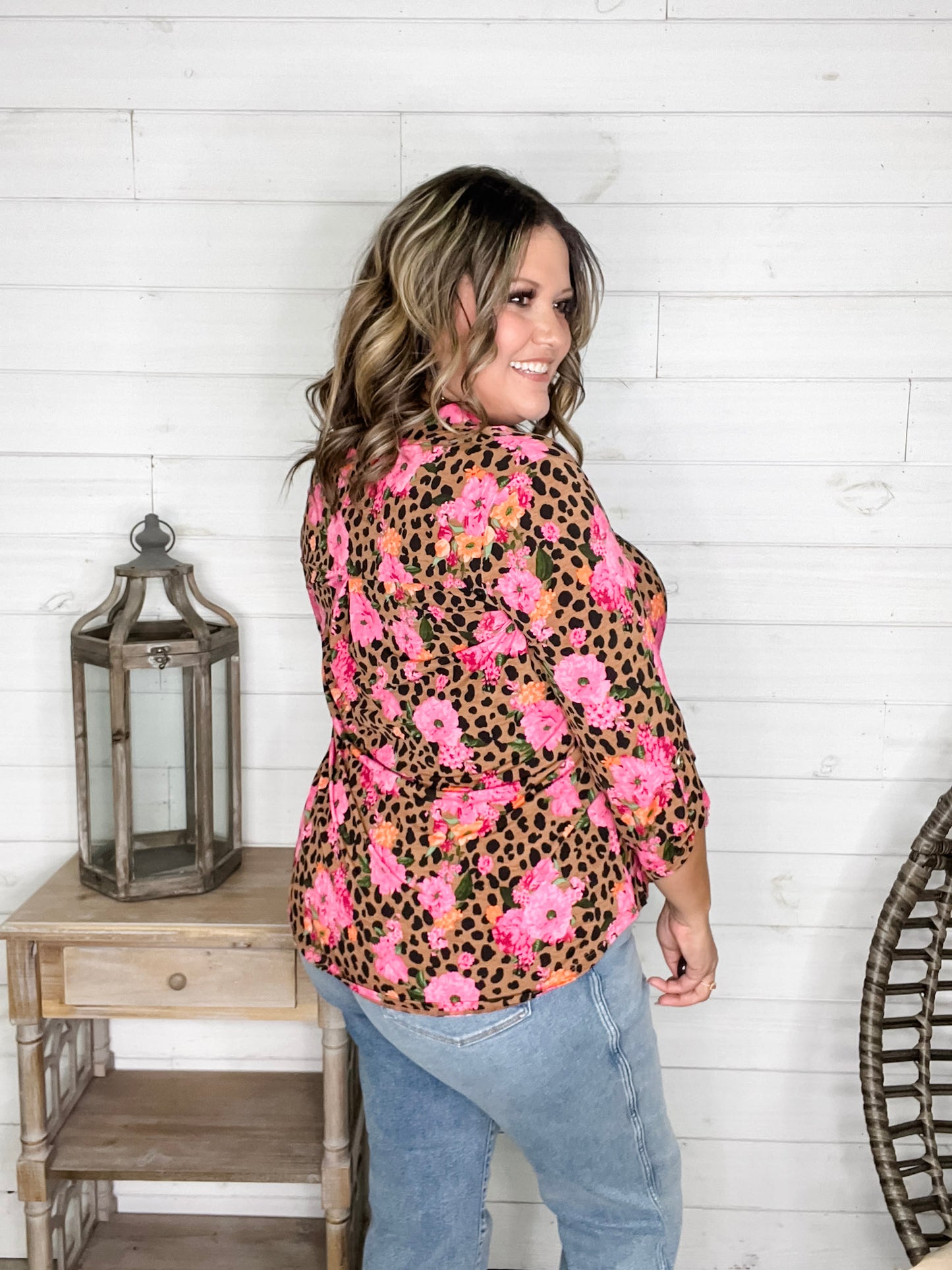 "Dimensions" Floral and Animal  3/4 Sleeve Split Neck