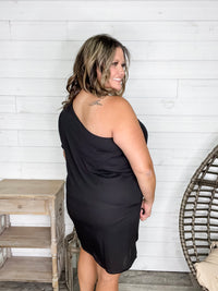 "Runway" One Shoulder Dress with Pockets (Black)