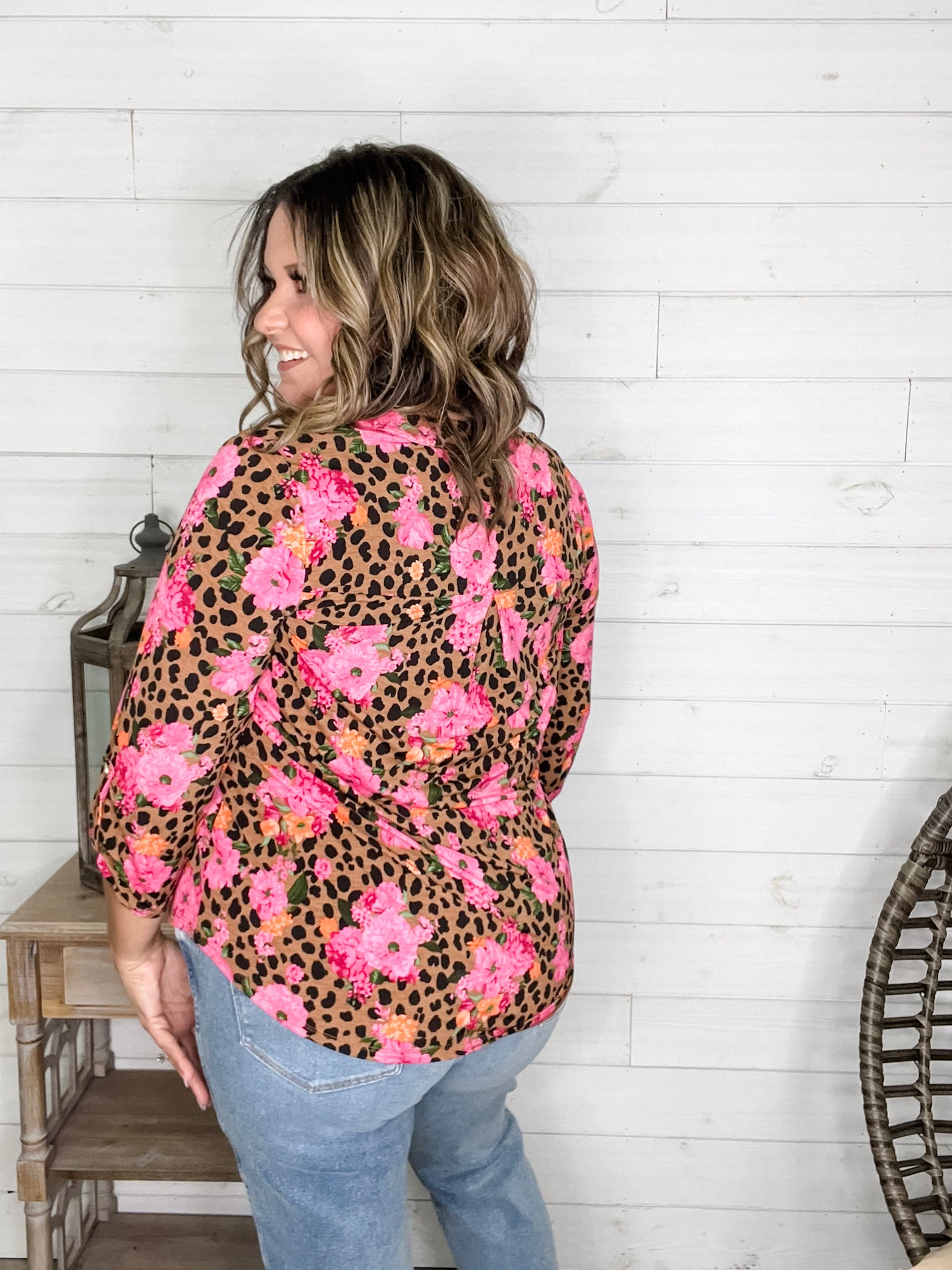 "Dimensions" Floral and Animal  3/4 Sleeve Split Neck