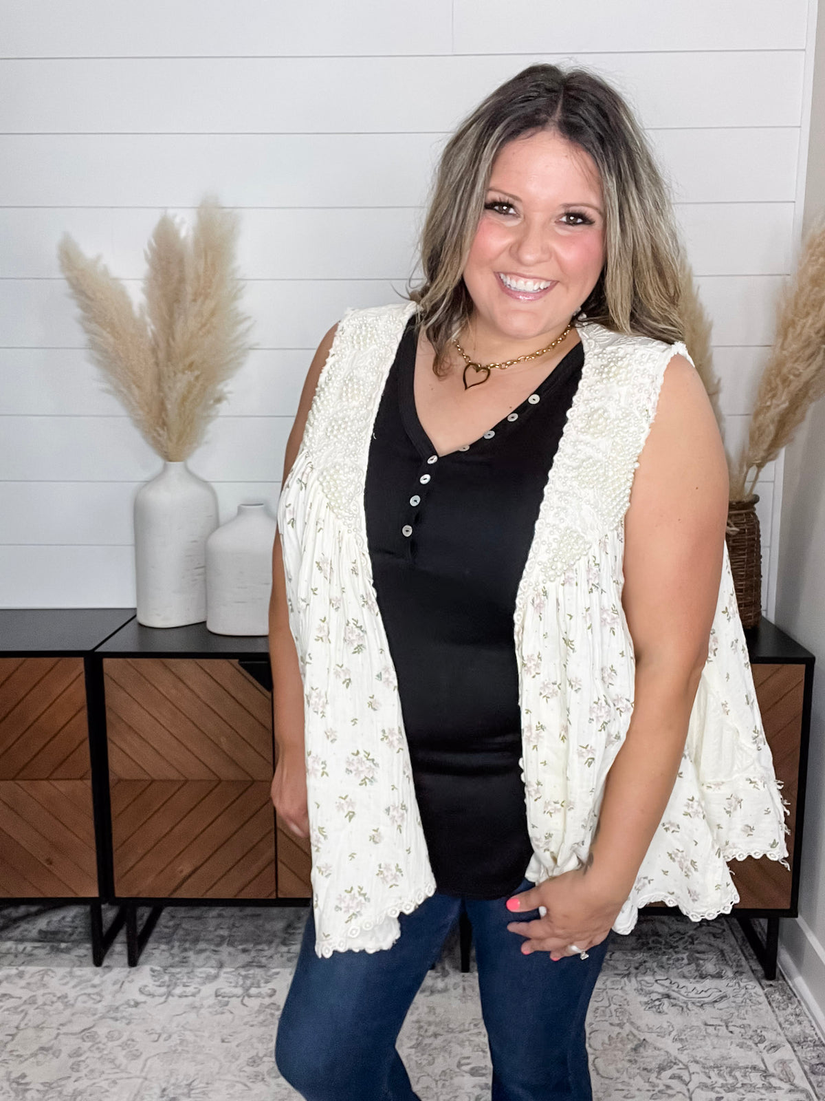 Pol - "Lansbury" Pearls & Lace Patchwork Vest