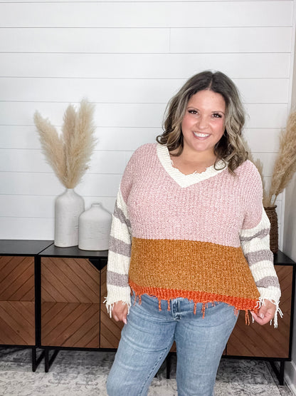 "Unraveled" V Neck Chenille Sweater