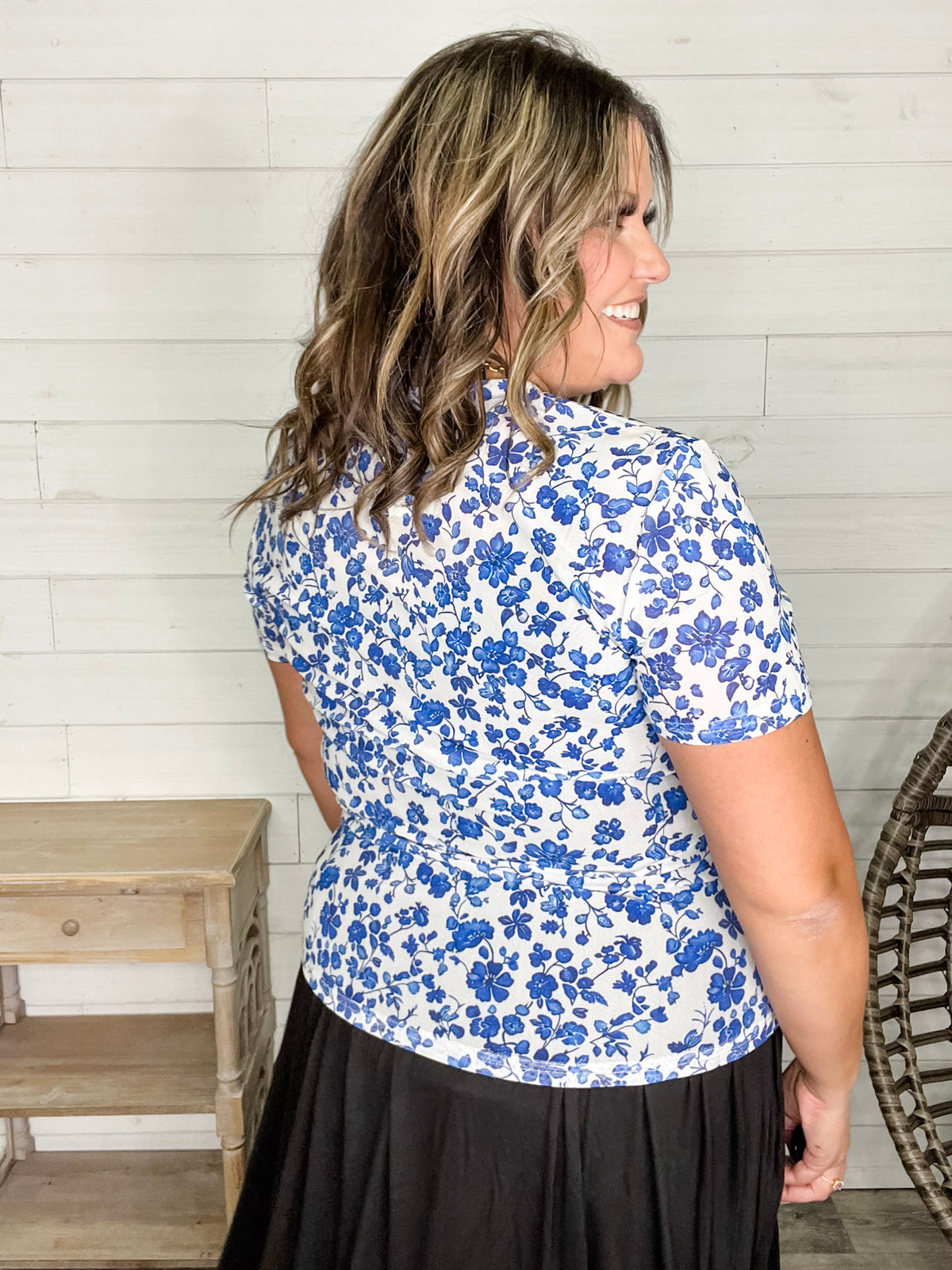 Shirley and Stone "Blue Floral" Short Sleeve Mesh Top