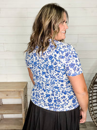Shirley and Stone "Blue Floral" Short Sleeve Mesh Top