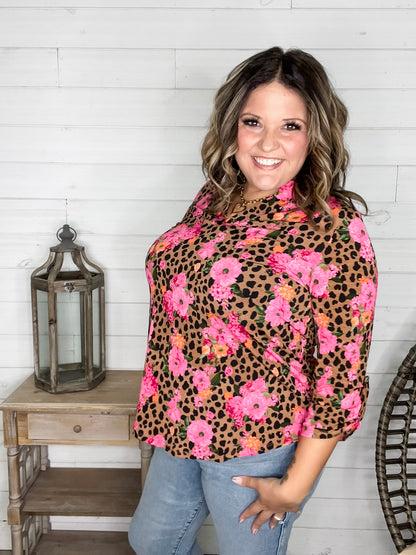 "Dimensions" Floral and Animal  3/4 Sleeve Split Neck