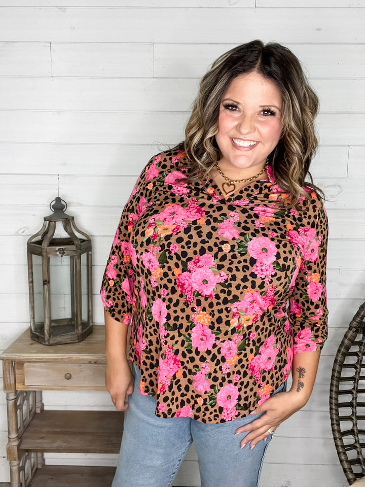 "Dimensions" Floral and Animal  3/4 Sleeve Split Neck