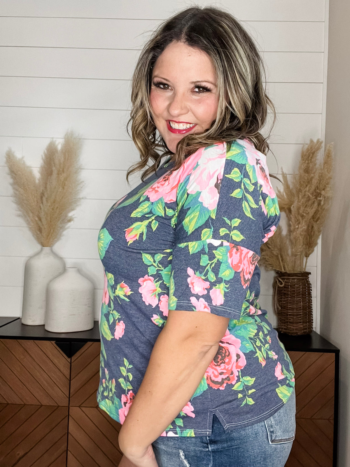 "Troublesome" Floral Short Sleee with Criss Cross Back Design