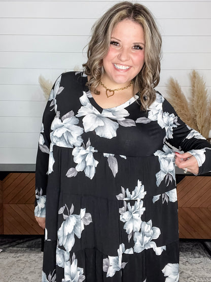 "Underground" Floral Long Sleeve Tiered Dress
