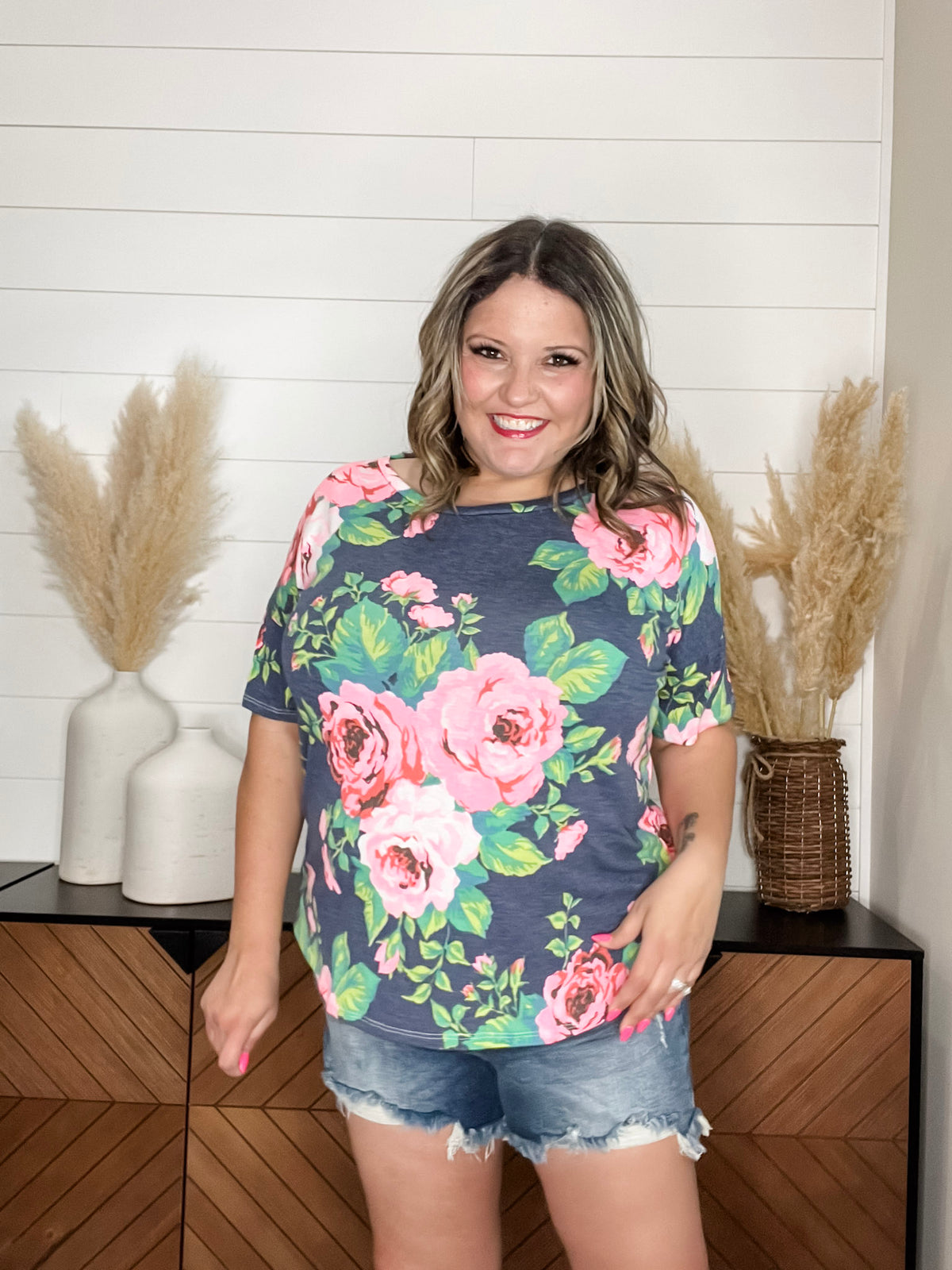 "Troublesome" Floral Short Sleee with Criss Cross Back Design
