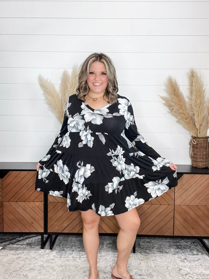 "Underground" Floral Long Sleeve Tiered Dress