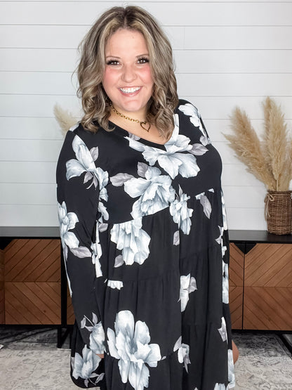 "Underground" Floral Long Sleeve Tiered Dress