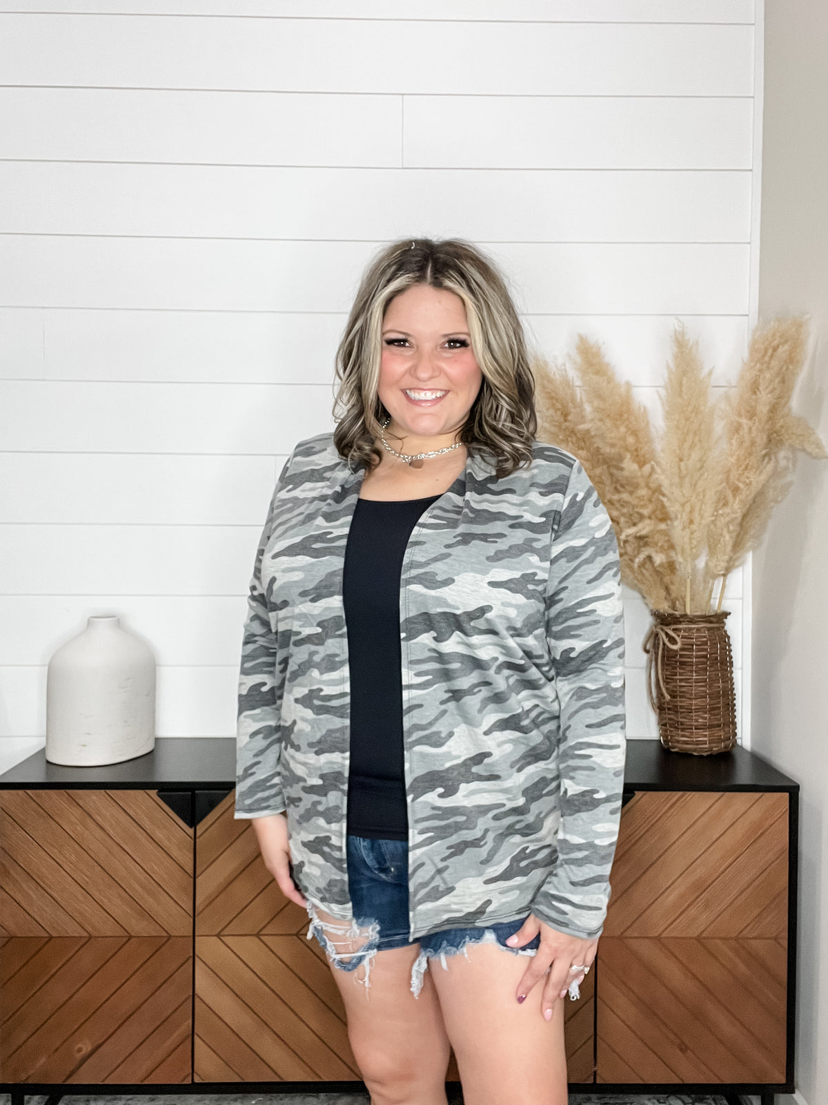 "Salute" Camo Cardigan with Faux Suede Elbow Patches