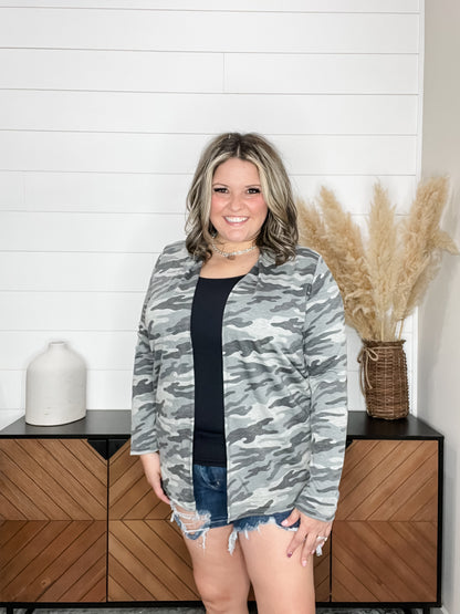 "Salute" Camo Cardigan with Faux Suede Elbow Patches