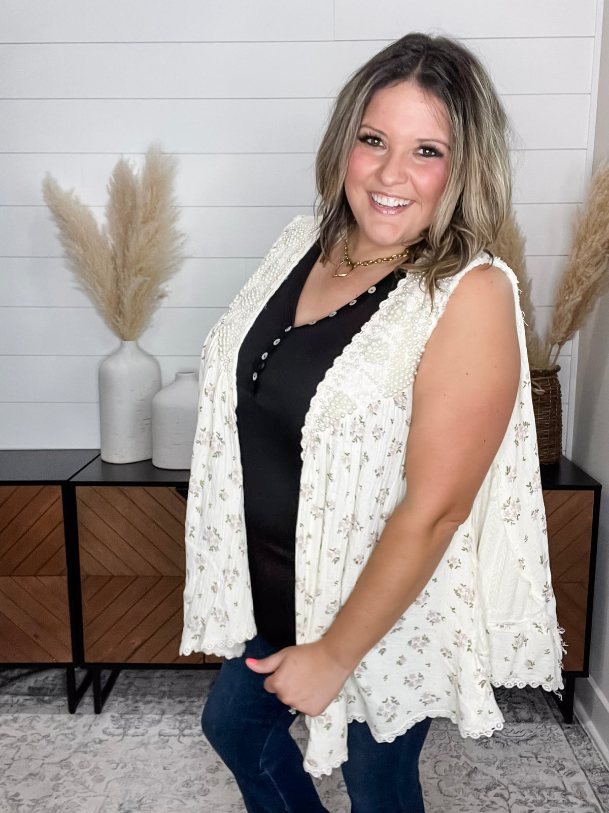 Pol - "Lansbury" Pearls & Lace Patchwork Vest