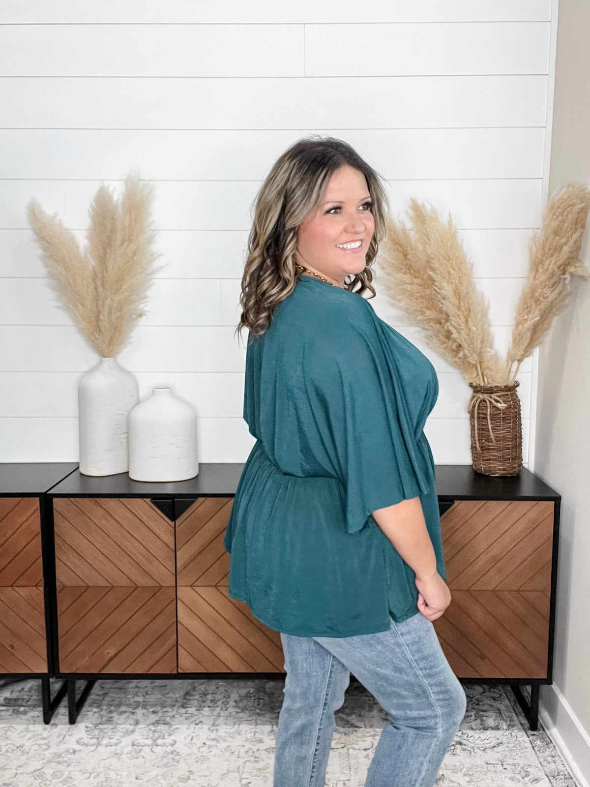 Dear Scarlett "Here We Go Again" V Neck 3/4 Bell Sleeve (Hunter Green)