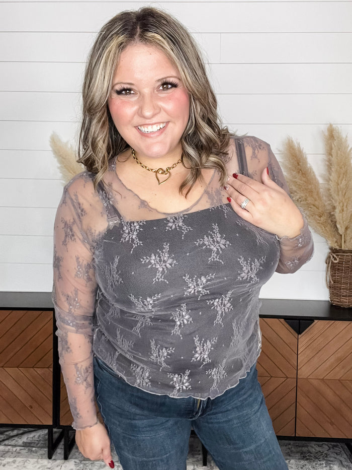 "Quarter" Long Sleeve Lace Top (Grey)