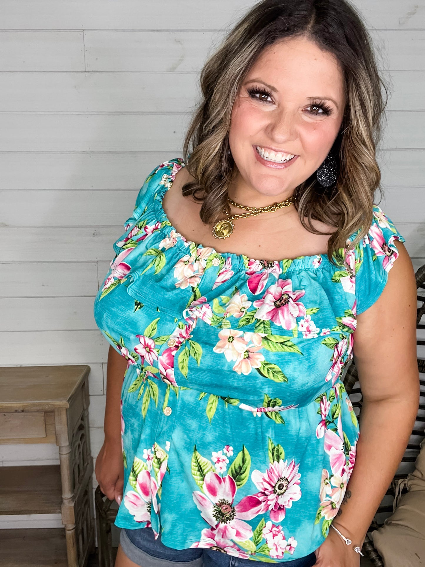 "Time Out" Floral Off the Shoulder Faux Button Front