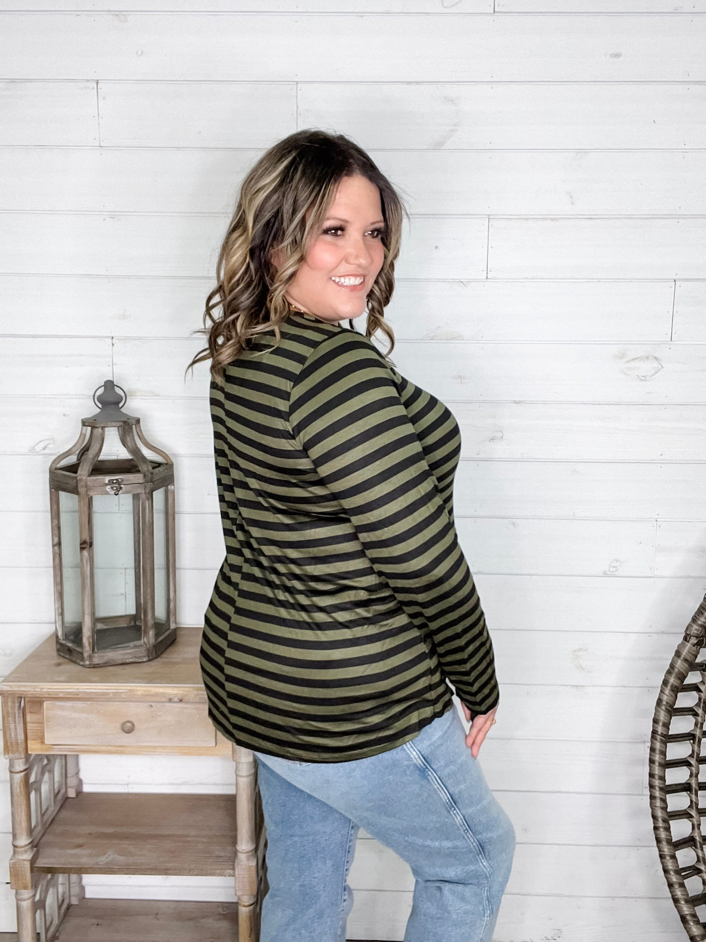 "Got Me" Long Sleeve Striped Top (Green Black)