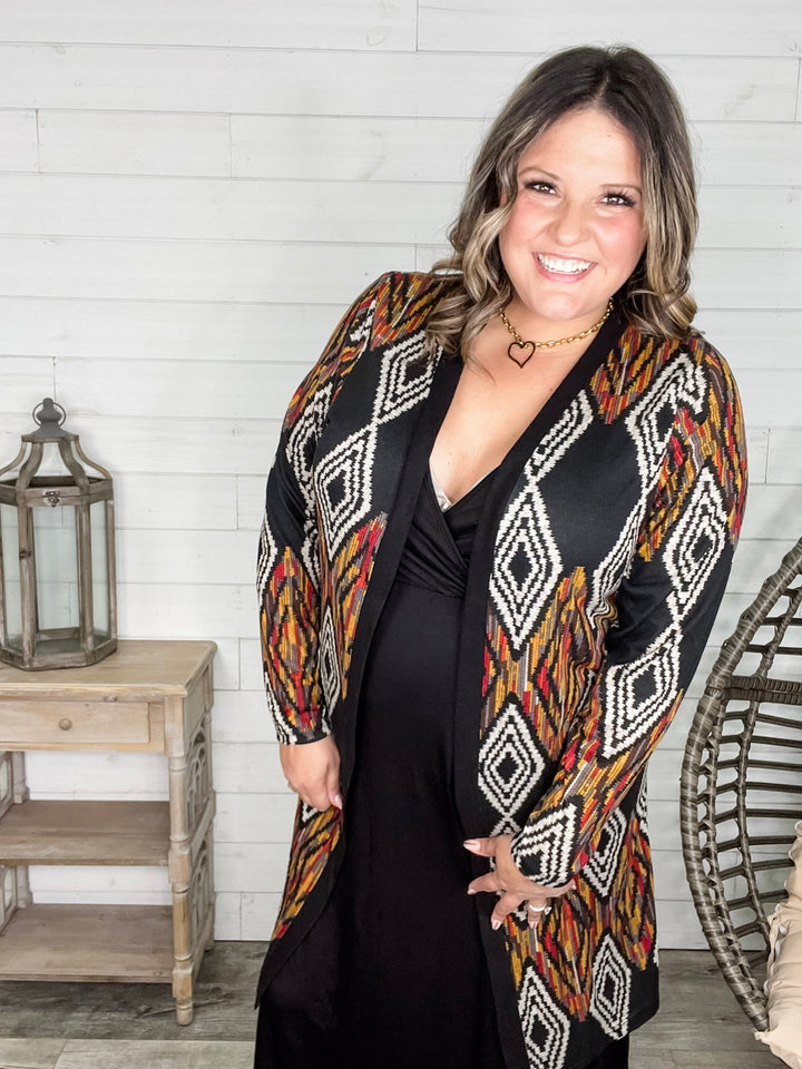 "Dutton" Aztec Print Cardigan with Pockets (Black)