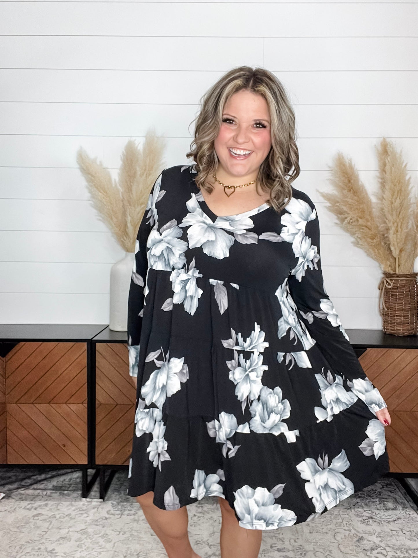 "Underground" Floral Long Sleeve Tiered Dress