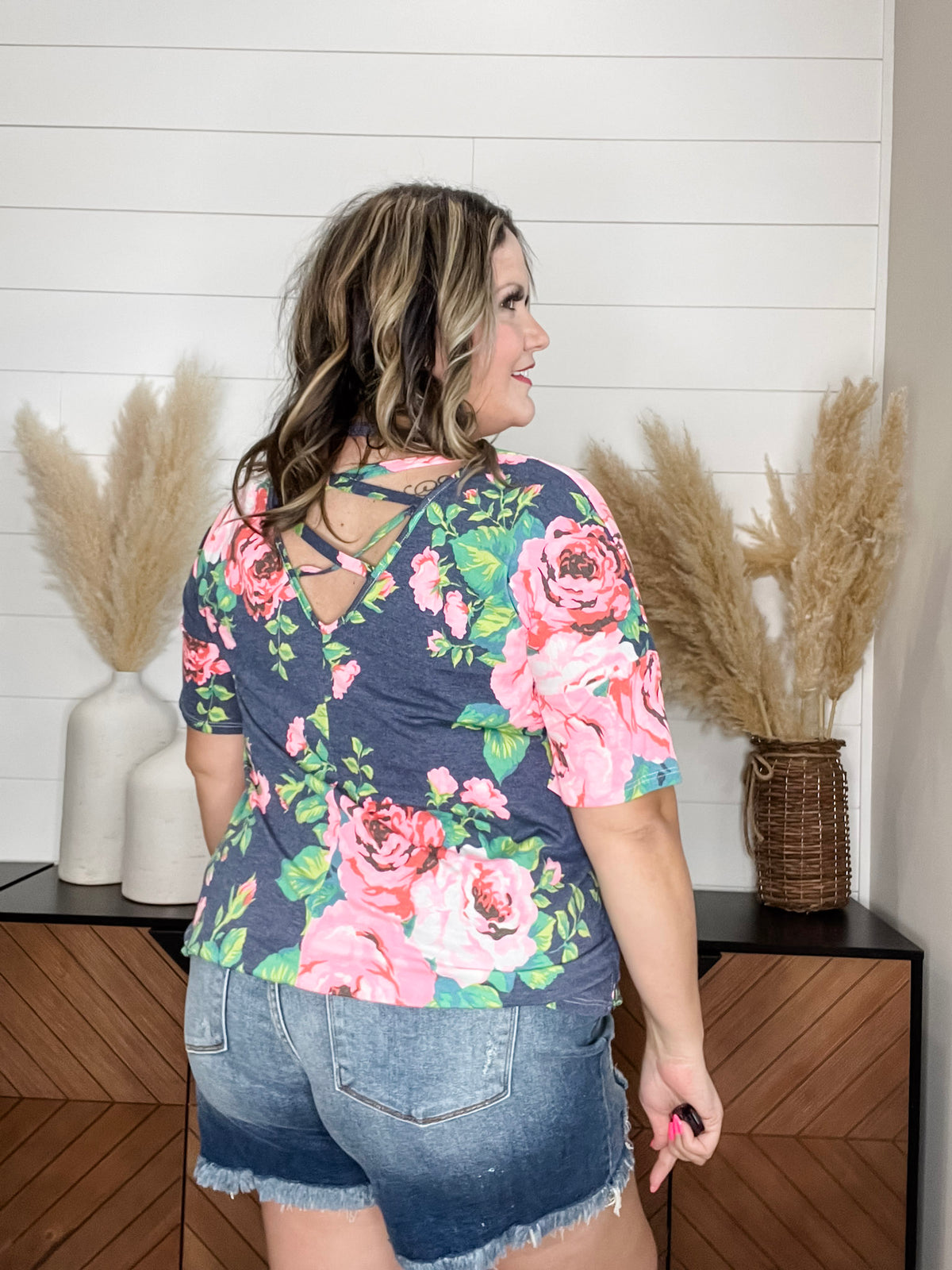 "Troublesome" Floral Short Sleee with Criss Cross Back Design