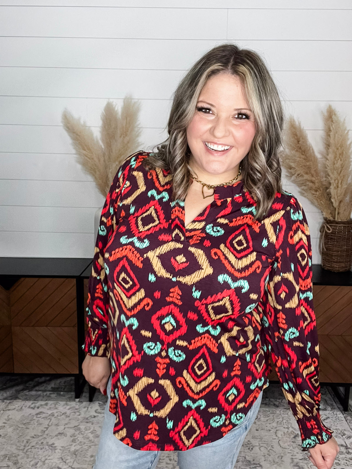 Dear Scarlett "Conway" Lizzy Smocked Wrist Long Sleeve Split Neck