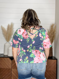 "Troublesome" Floral Short Sleee with Criss Cross Back Design