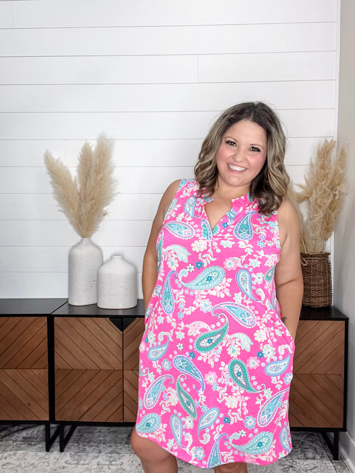 "Struthers" Sleeveless Split Neck Dress with Pockets