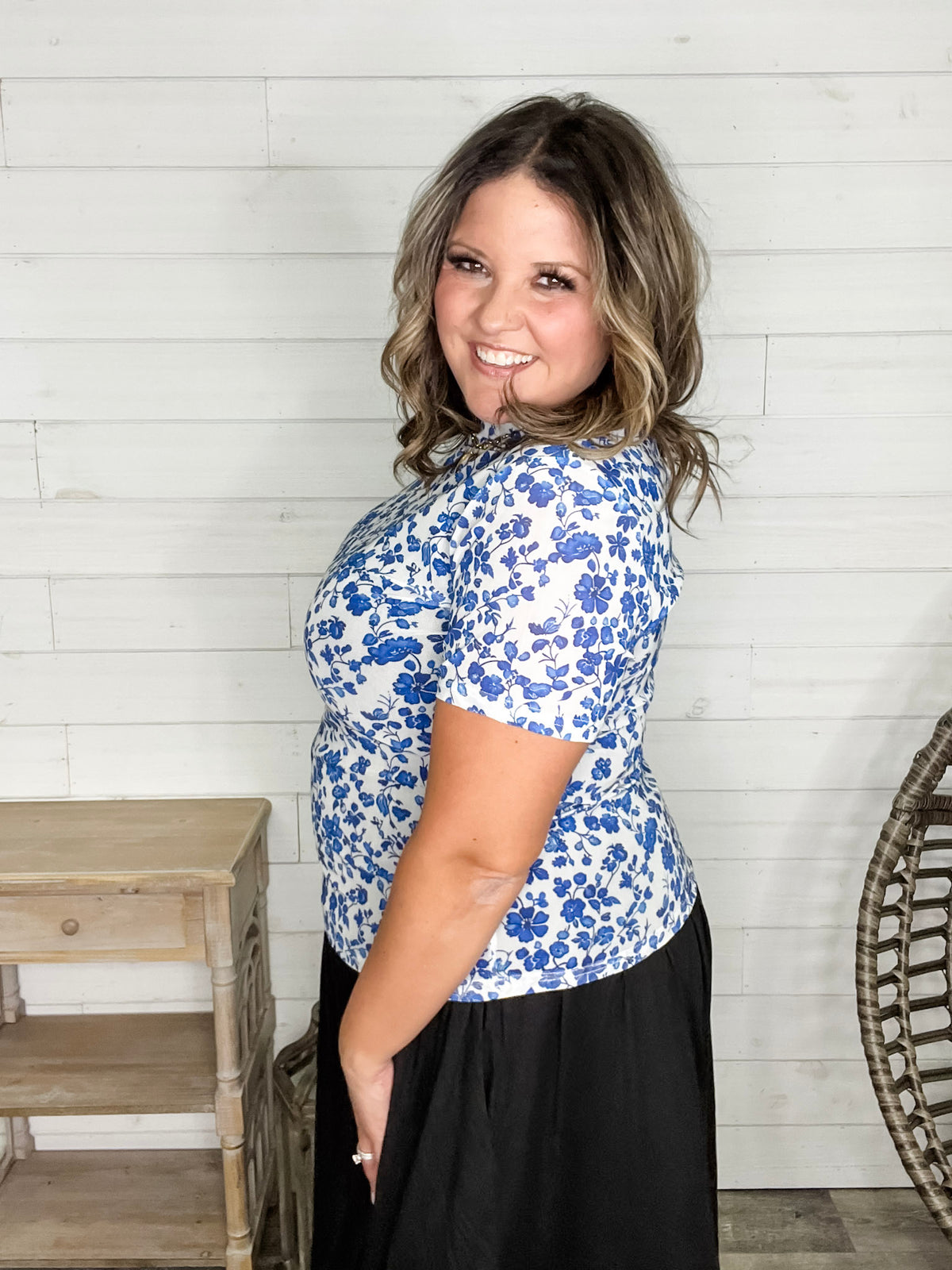 Shirley and Stone "Blue Floral" Short Sleeve Mesh Top