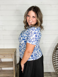 Shirley and Stone "Blue Floral" Short Sleeve Mesh Top