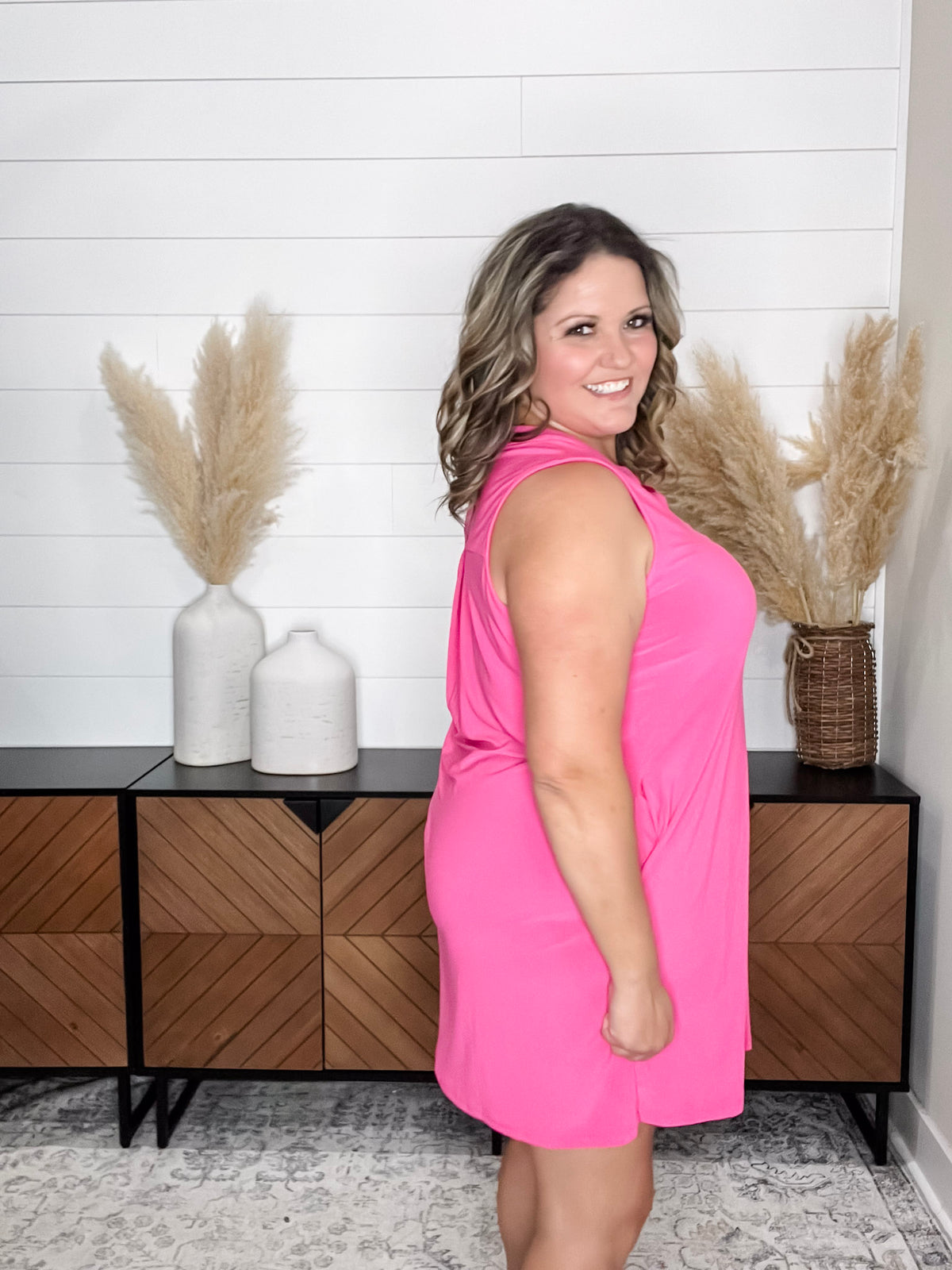 Dear Scarlett "Up My Alley" Sleeveless Split Neck Dress with Pockets (Hot Pink)