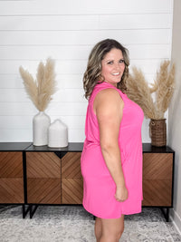 Dear Scarlett "Up My Alley" Sleeveless Split Neck Dress with Pockets (Hot Pink)
