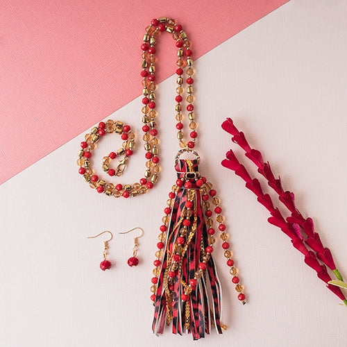 Beaded Tassel Necklace Red and Gold with Animal Print