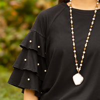 "Stay Classy" Round Neck Ruffle Tiered Sleeve with Pearl Detail