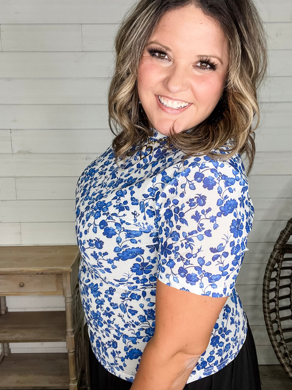 Shirley and Stone "Blue Floral" Short Sleeve Mesh Top