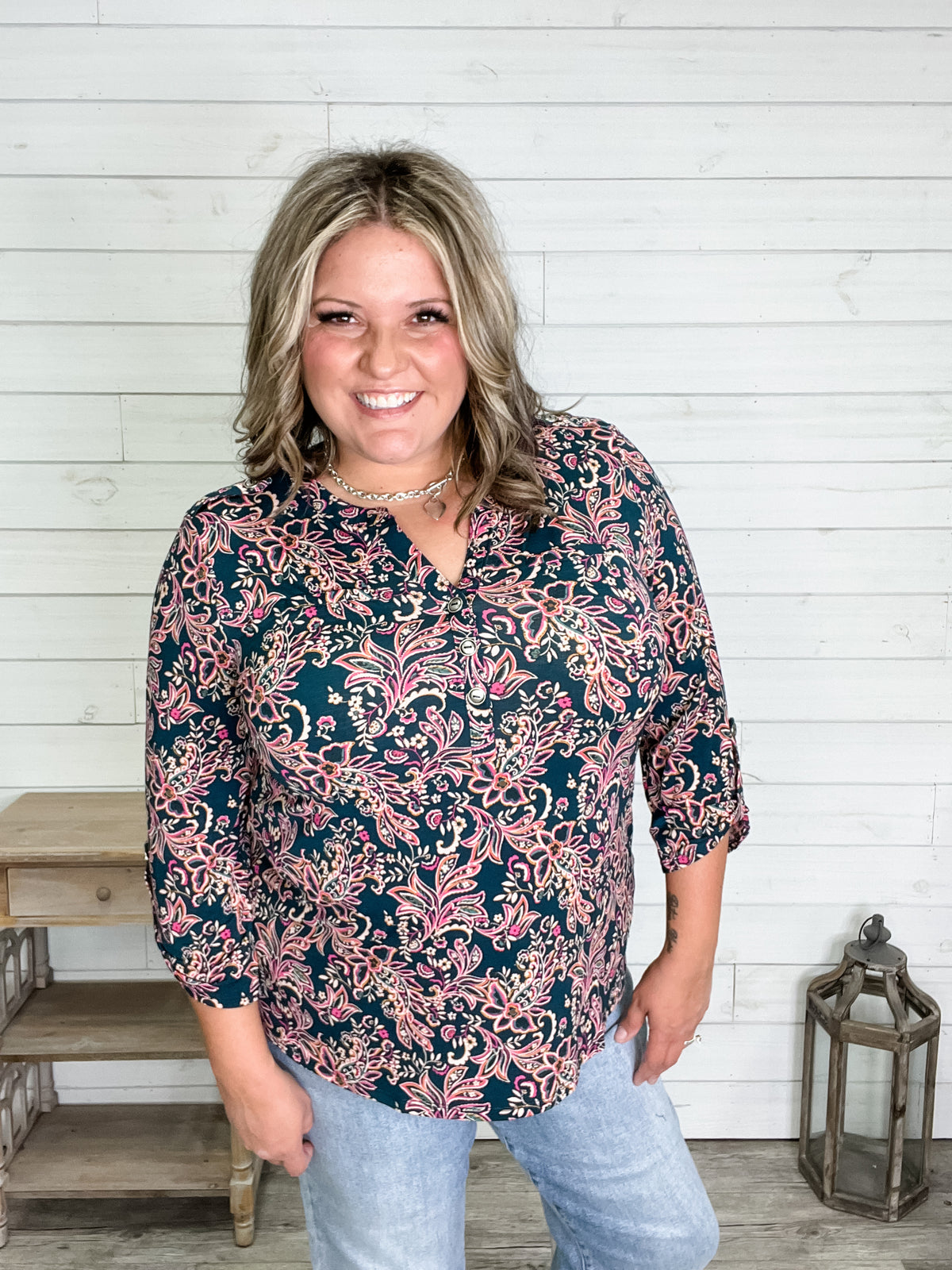 "Oval" 3/4 Sleeve Button Front Lizzy Luxe