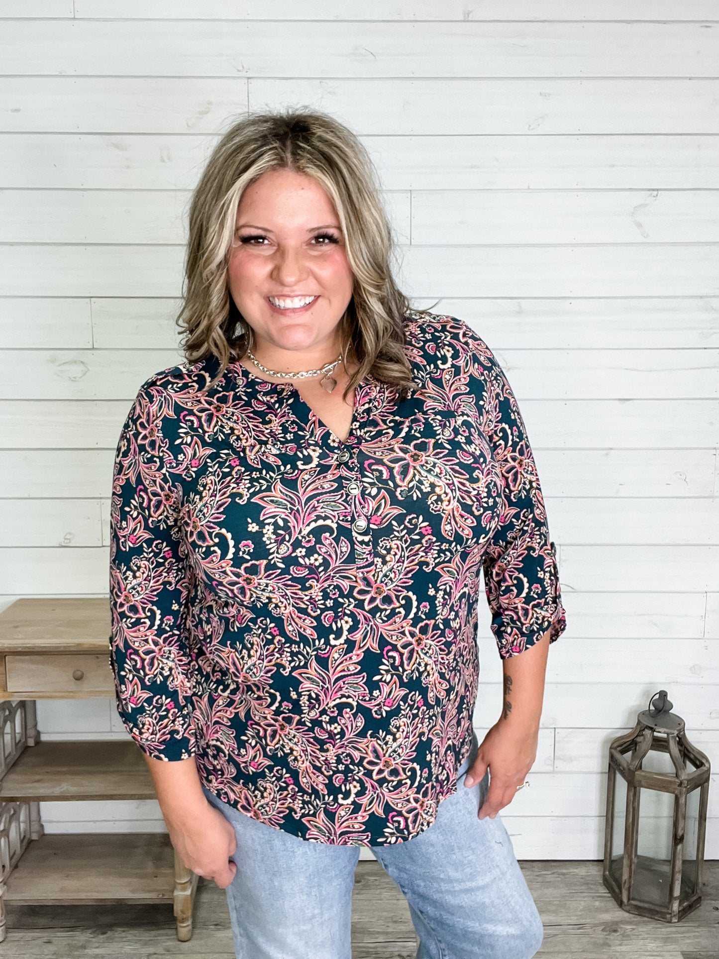 "Oval" 3/4 Sleeve Button Front Lizzy Luxe