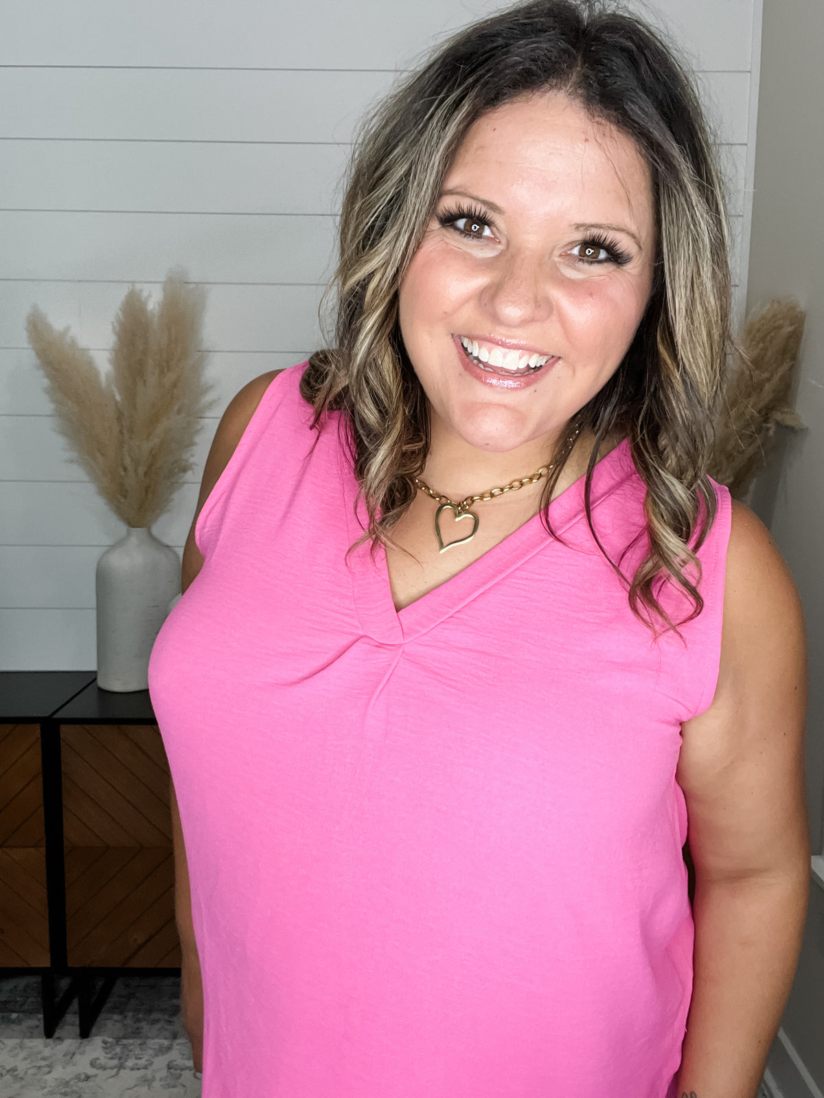"Swanton" Deep V Tank with Front Pleat (Hot Pink)