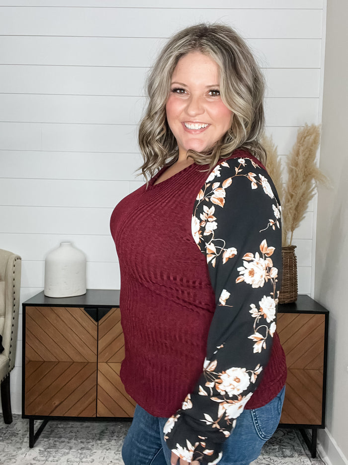 "Grateful" Ribbed Body Long Sleeve V Neck
