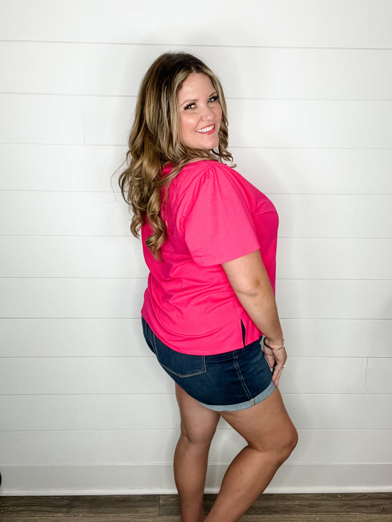 "Rearview" Short Sleeve with Side Slits (Fuchsia)