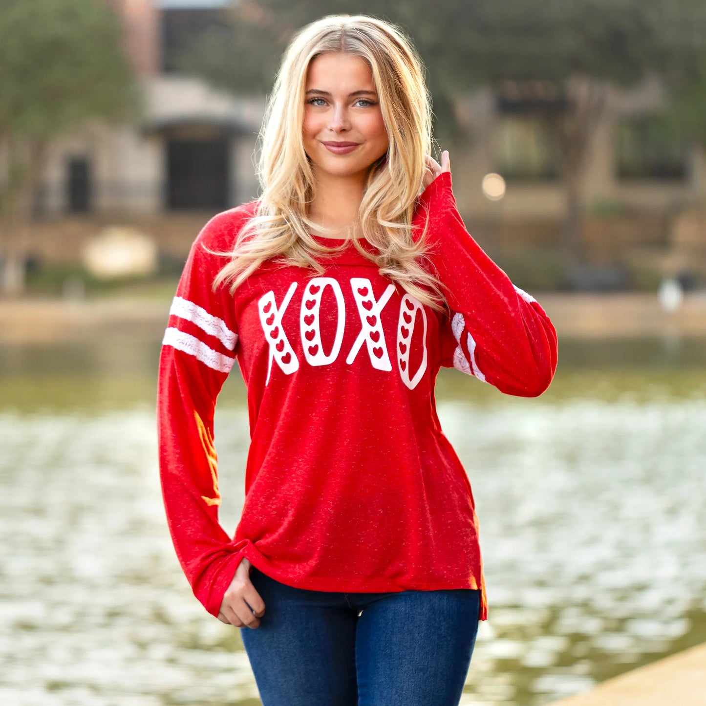 "XOXO" Varsity Long Sleeve with Sequin Detail